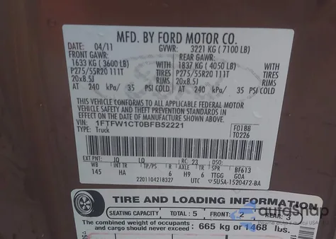 2011 Ford F-150 Lariat из США, поврежденный, VIN 1FTFW1CT0BFB52221